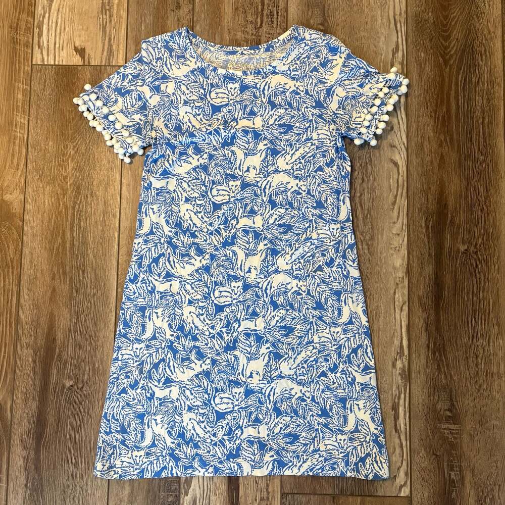 Lilly Pulitzer Lissie Dress XS Coastal Blue Fancy Feet Fox Pom Trim